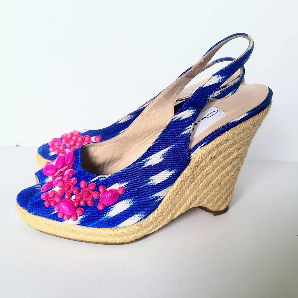 Oscar De La Renta Blue/White Print Slingback Espadrille Wedge Sandal Heels EU 40 - Picture 5 of 9